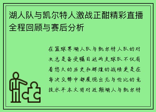 湖人队与凯尔特人激战正酣精彩直播全程回顾与赛后分析